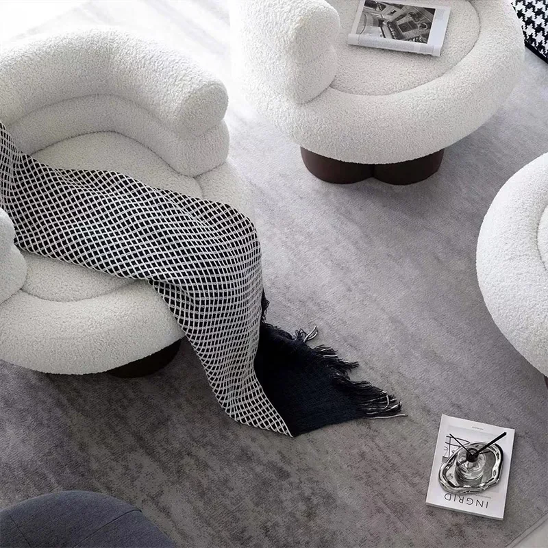 Modern Living Room Chair White Lamb Wool Armchair Wooden Base Swivel Leisure Accent Hotel Chairs