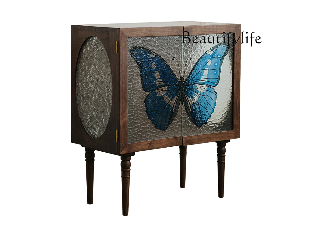 Simple Retro Butterfly Wine Cabinet Black Walnut Retro Stained Glass Living Room Entrance Storage Cabinet