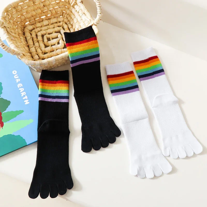 4 Pairs Of High Tube Five-finger Socks Women Rainbow Stripes Black And White Solid Color Cotton Socks