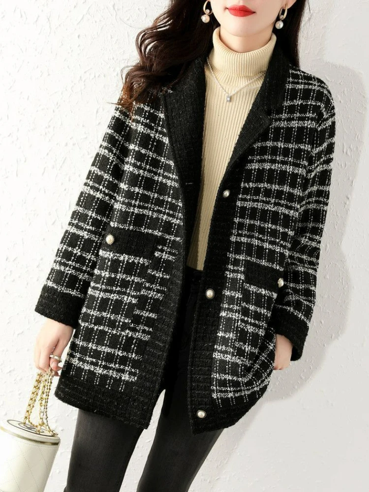 Women Wool Coat Plaid Print Thick Midi Blends Button Turn Down Collar Casual Jackets Pocket Elegant Lady Autumn Winter