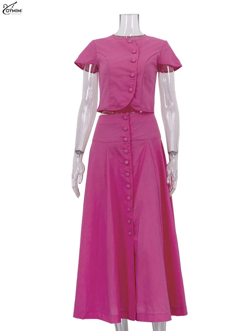 Oymimi Elegant Blue Cotton 2 Pieces Set For Woman Fashion O-Neck Short Sleeve Button Shirts And High Waist Mid-Calf Skirts Sets image 5