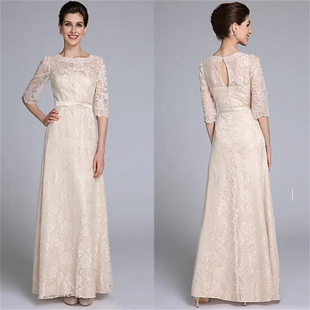 

Elegant Long Banquet A-Line Floor-Length Wedding Prom Evening DressChampagne Half Sleeve Mother of the Bride Dress Mermaid Lace