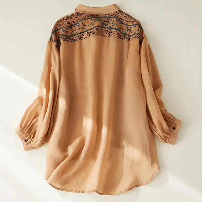 Retro Print Patchwork Long-sleeve Shirt Artistic Temperament Cotton and Linen Blouse for Women
