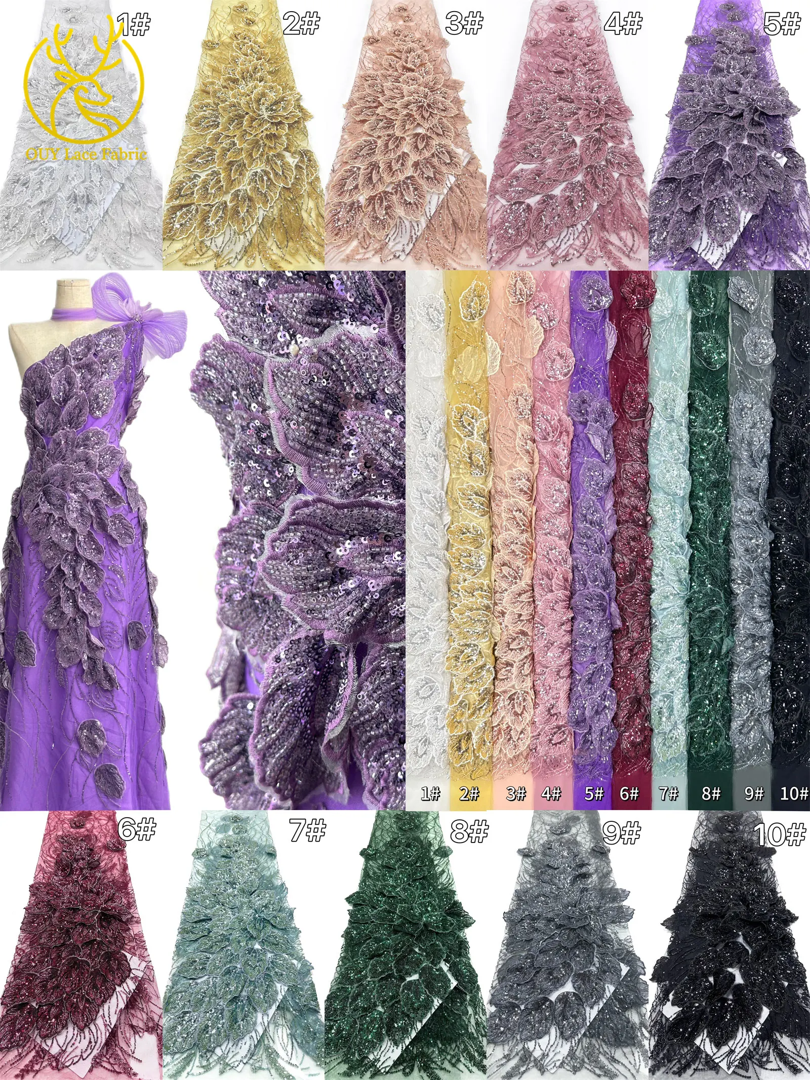 Nigerianischer 3D-Stickerei-Blatt-Spitzenstoff 5 Yards Afrikanische DIY-Stickerei Perlen-Pailletten-Spitze Tüll-Netzspitze Damen-Abendkleid – Detail 4