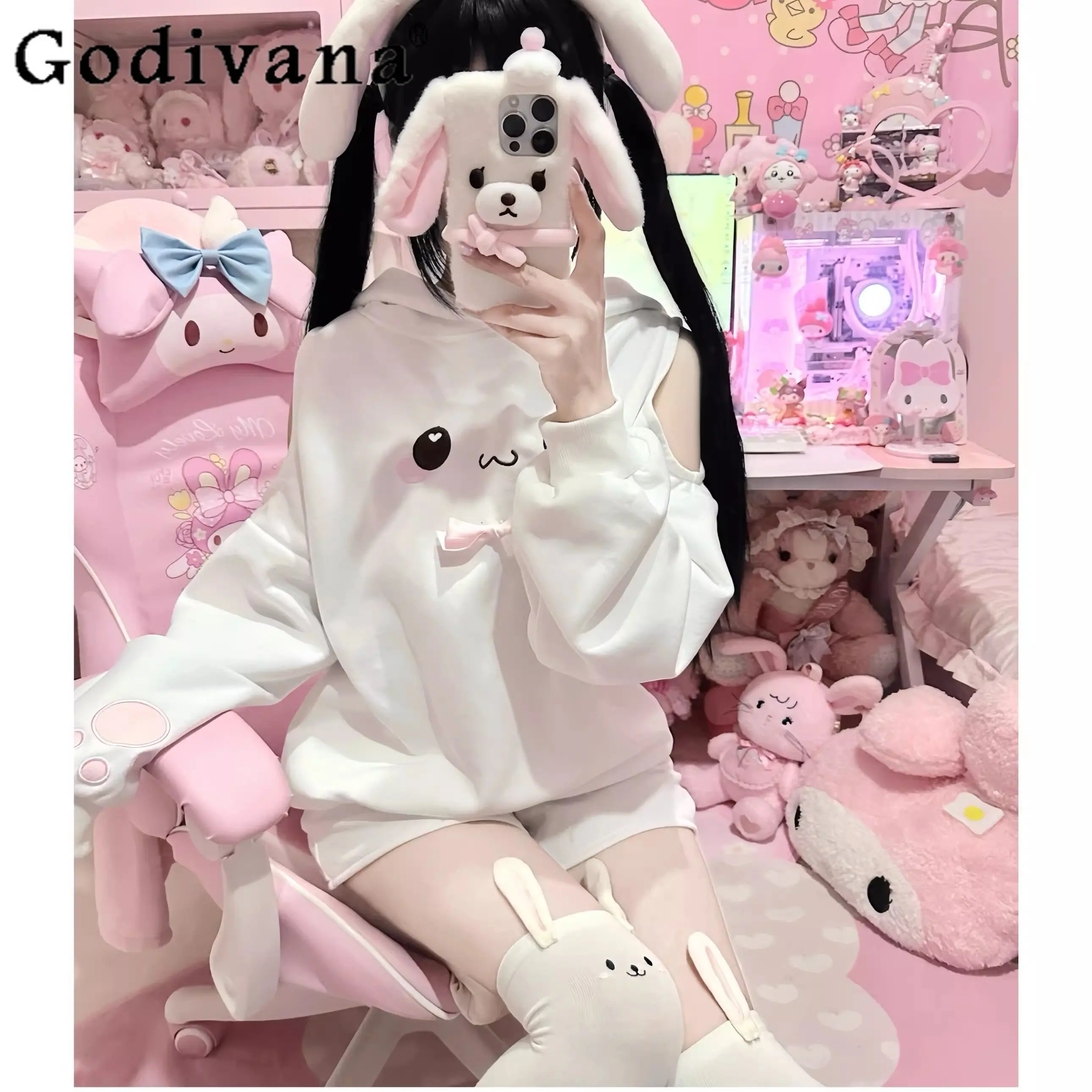 

Оригинальный комплект из 2 предметов: топ и шорты в стиле кавай для девочек, милая одежда для школьниц, толстовка с капюшоном с мультяшным принтом, весна