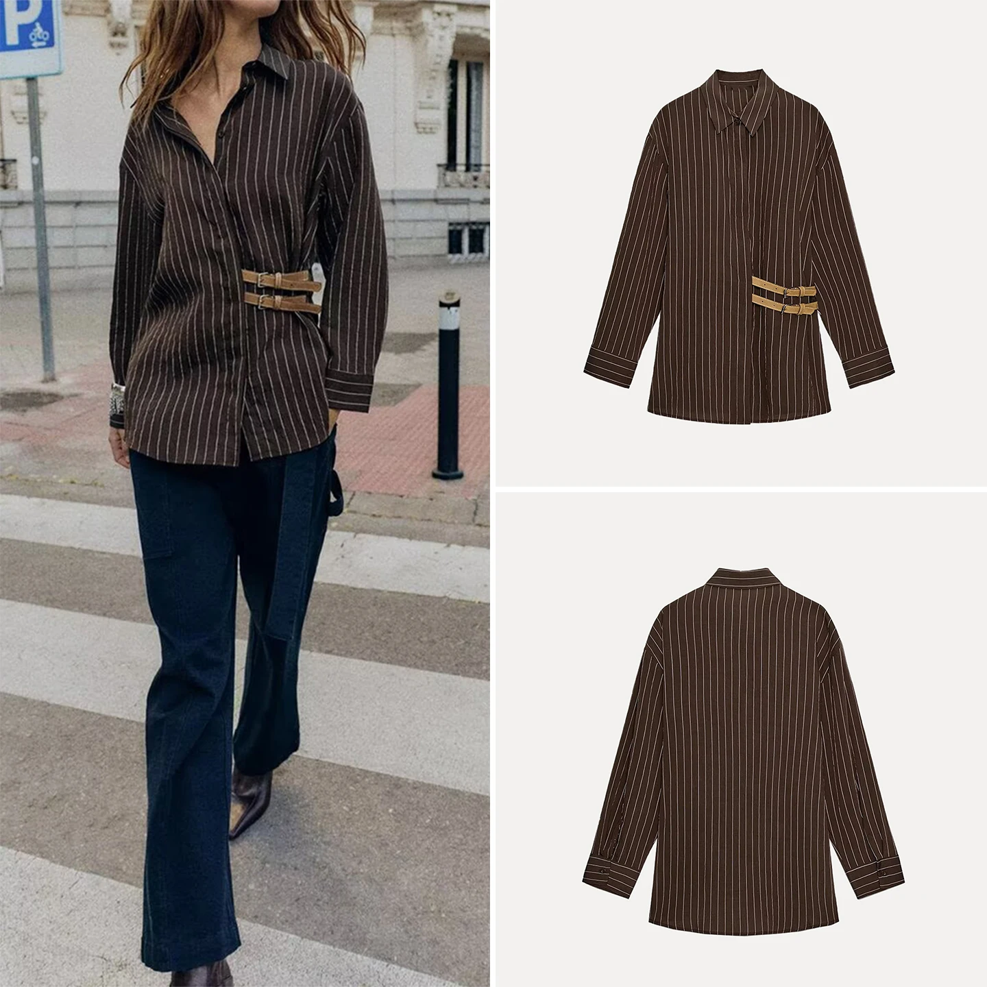 

2025 Winter New Women's Sle Simple irt Striped Button Decoration Women's Faion Cabinet 329 Long Sve Flip Collar Blouse