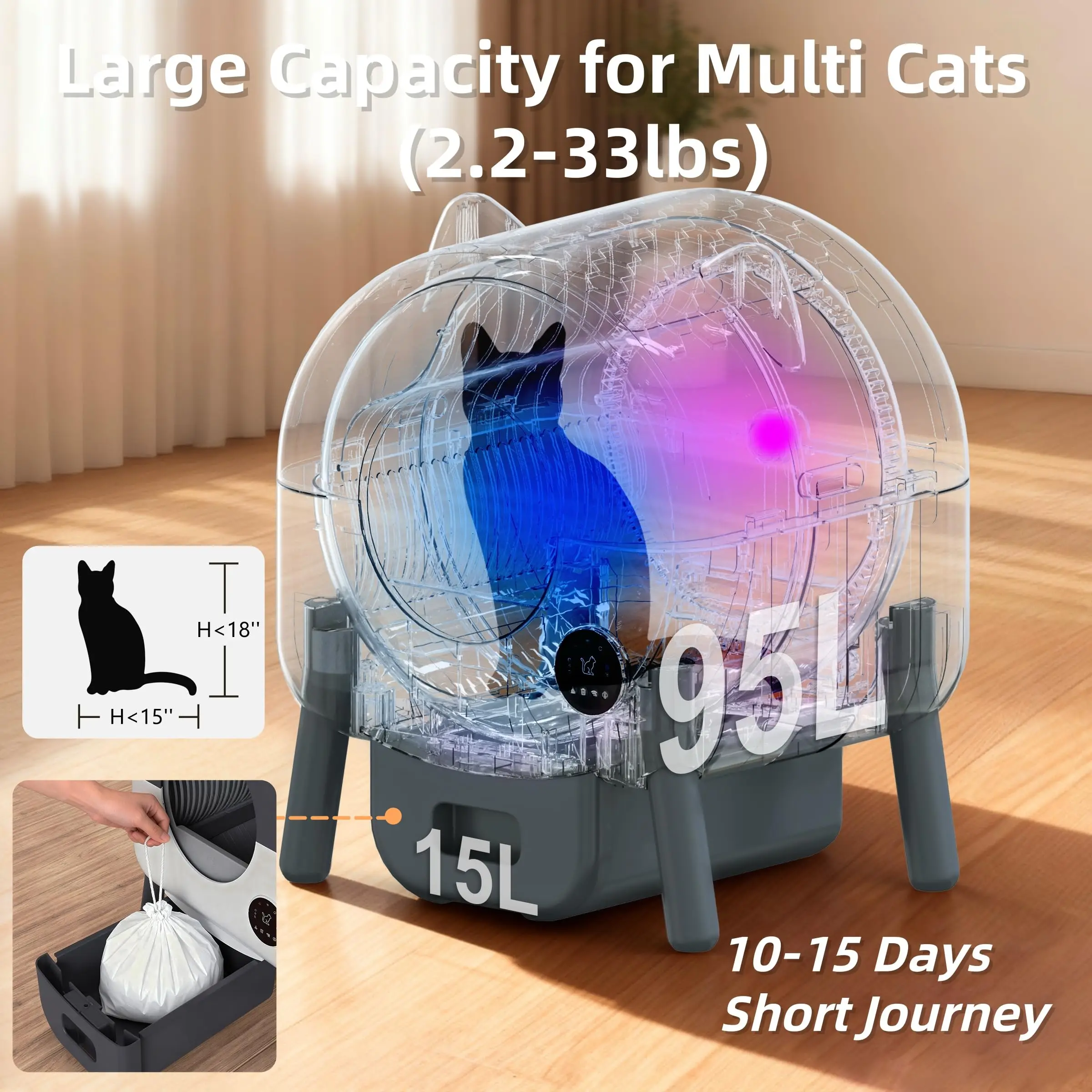 Automatic Self Cleaning Litter Box, Extra Large Automatic Cat Litter Box Self Cleaning Robot S7 for Cats, Smart Safety