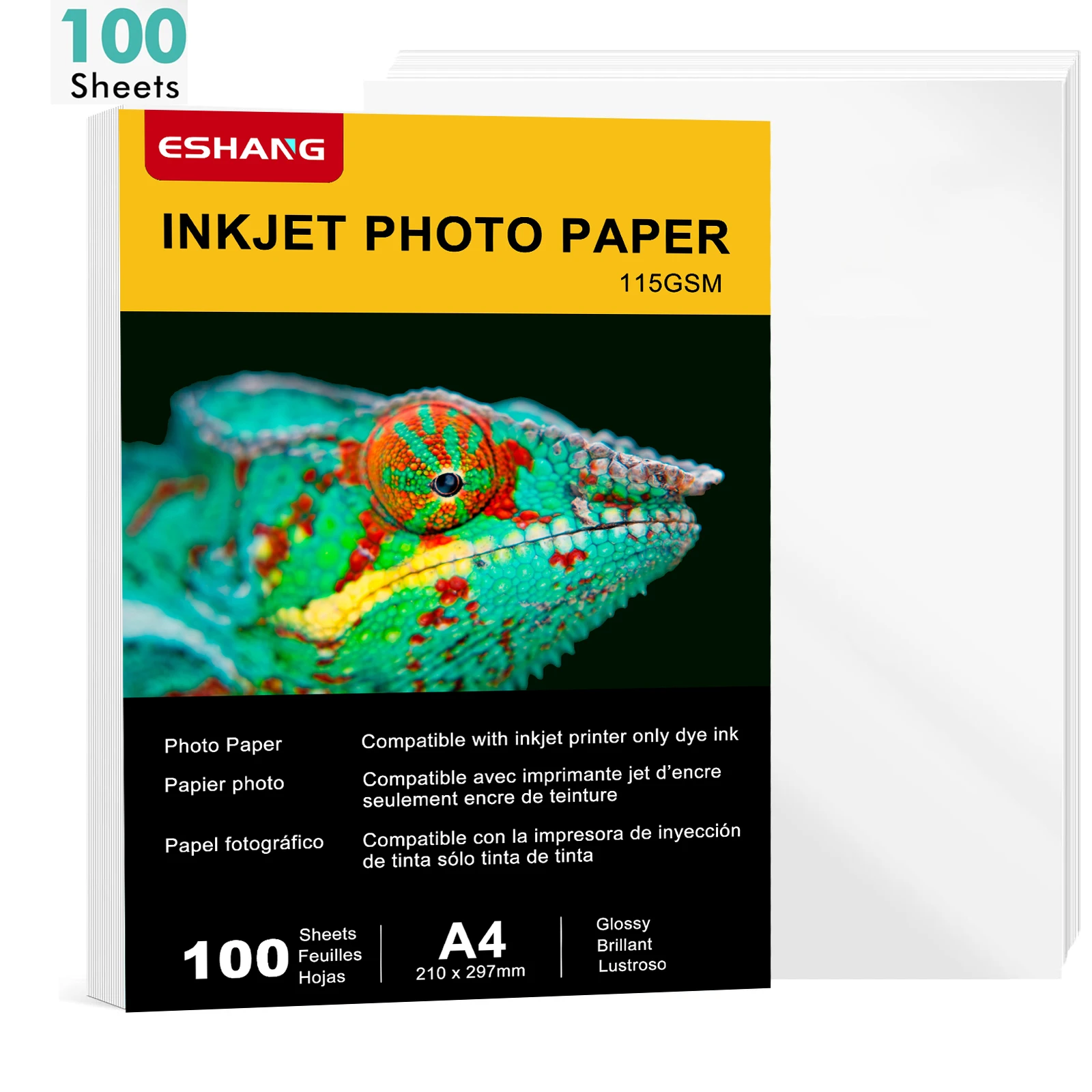 ESHANG 100 arkuszy A4 jednostronny błyszczący papier fotograficzny 8,3 x 11,7 cala 115 g/m2 do drukarek atramentowych i laserowych do drukowania ulotek menu