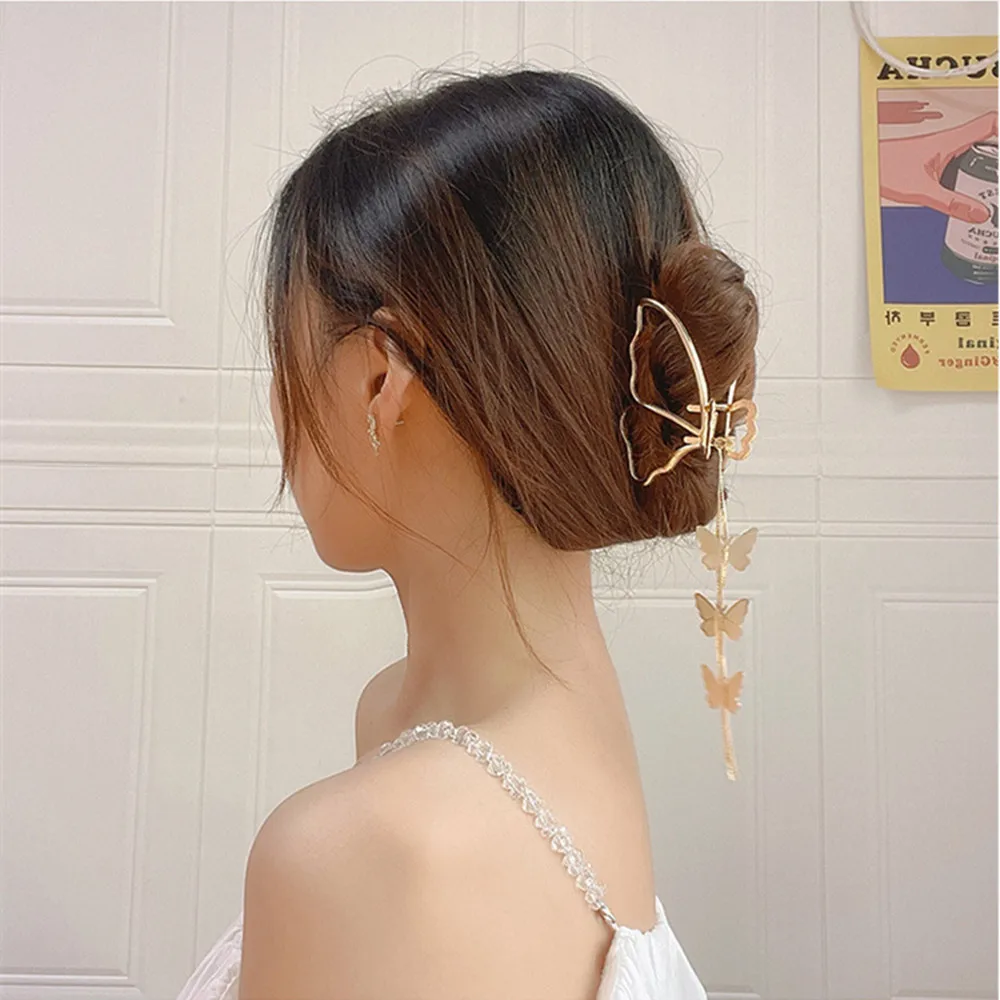 Fashion Butterfly Hairpin Women Vintage Pearl Tassel Metal Hair Claw Girls Back Head Grab Clip Ladies Popular Hair Accessories