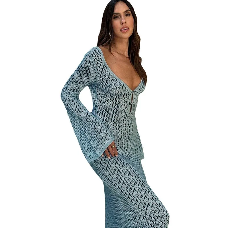 Robe de plage à manches longues, tricotée creuse, Sexy, transfrontalière européenne et américaine, Cover-Up pour maillot de bain, Protection solaire, nouvelle collection 2025