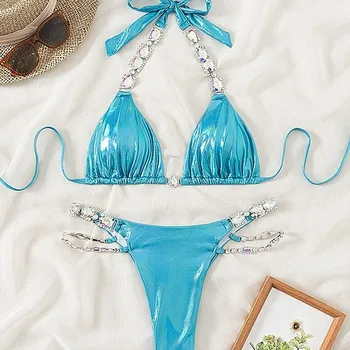 Rhinestones ile tanga seksi Bikini 2024 mayo kadın mayo kadın Push Up Bikini plaj banyo mayo havuzu Bather