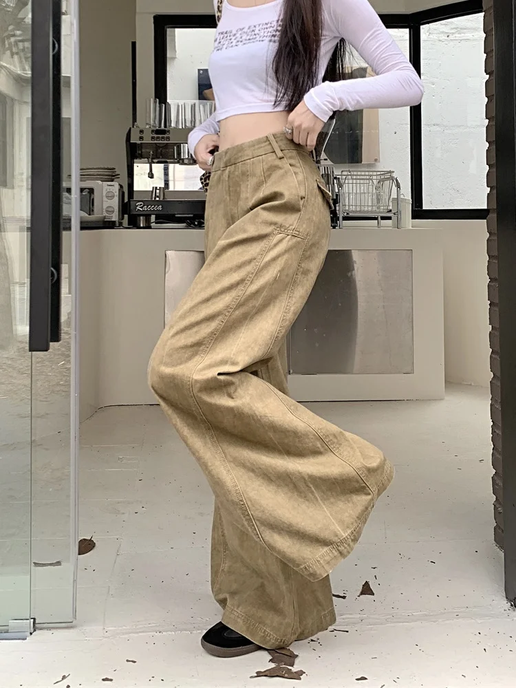 2025 cyber y2k moda angustiado cáqui baggy calças jeans plissadas para mulheres 90s roupas vintage kpop perna larga senhora calças compridas