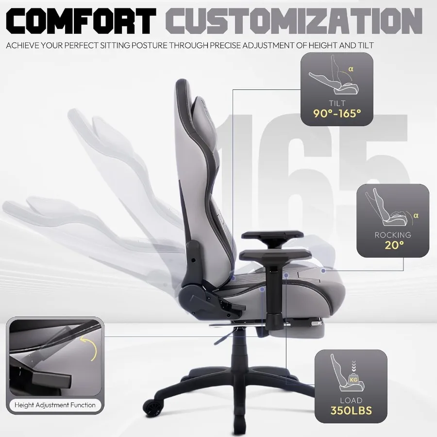 كرسي ألعاب مريح من جلد البولي يوريثان مع مساند للذراعين رباعية الأبعاد قابلة للتعديل ومسند قدم مدمج للبالغين والمراهقين بكم مكتب عالي الظهر #5