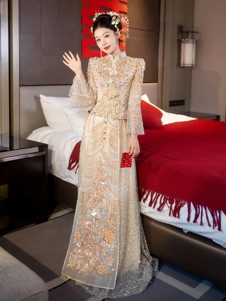 Golden Xiuhe Clothing 2024 New Chinese Wedding Dress, High end Champagne Luxury Wedding Dress, Bridal Toast Dress, Spring