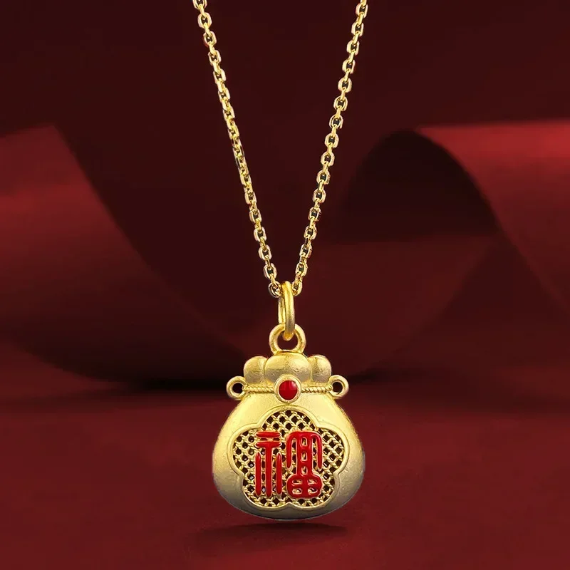 Desire New S925 Silver Gold-plated Lucky Bag Pendant with Chinese Style Gold Necklace Adjustable