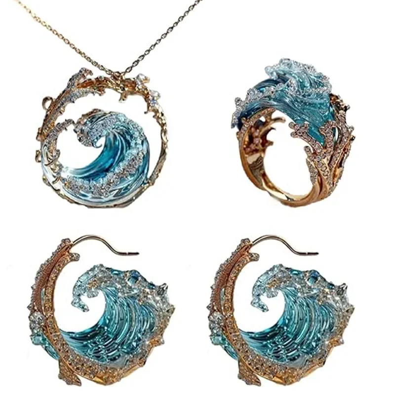 

Trendy Summer Beach Style Blue colour Ocean Waves Earrings Ring Necklace Jewellery Women's Personality Party Accessories gifts