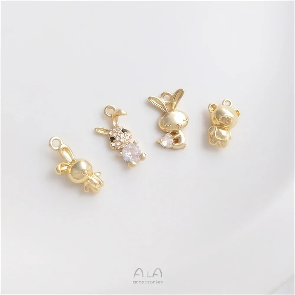 

14K gold with zirconium bunny pendant three-dimensional glossy mini bear bunny charm diy bracelet charm