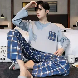 Men Pajama Set Simple Loose Breathable Cotton Pajamas Round Neck Student Loungewear Plaid Striped Trousers Can Be Worn Outside