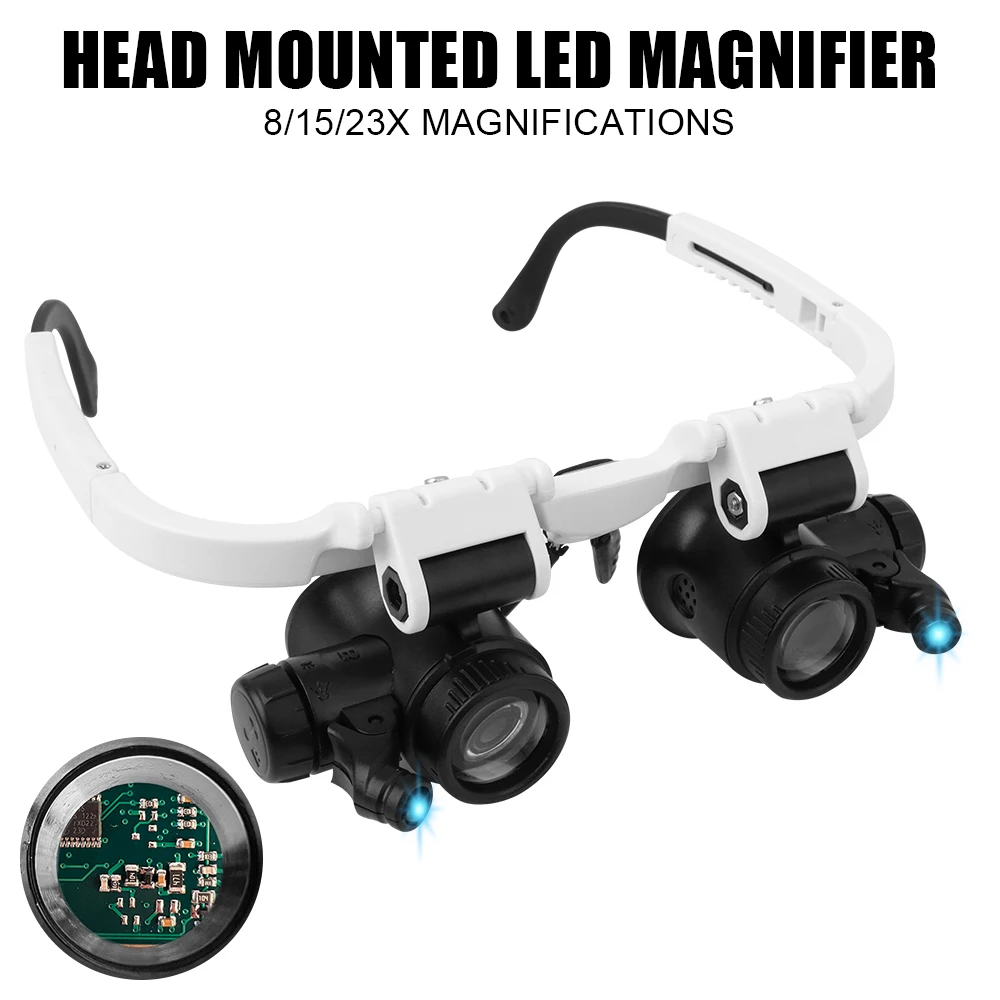 

LED Lights Glasses Magnifier For Electronics Watch Repair Dual-Lens Eye Loupe Magnifier Head Mount Magnifying Glass 8x 15x 23x