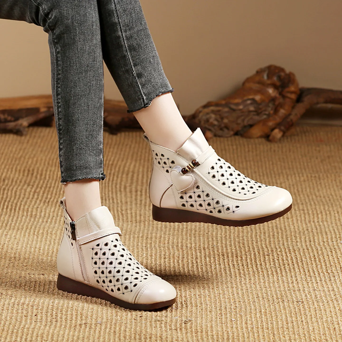 Retro Style Women's Leather Hollow out Short Boots Comfortable Breathable Flat Bottom Soft Bottom Summer Roman Sandals