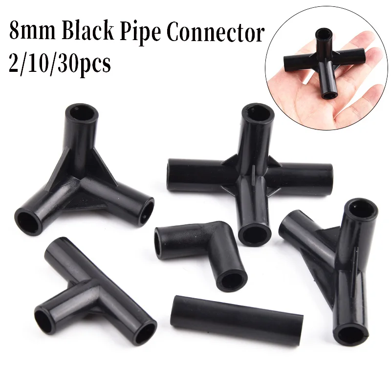2/10/30Pcs I.D 8mm Black Pipe Connector Tent Fixed Connector Fittings ，DIY Shelf  ABS Plastic Tee Four Way Elbow Straight Joint