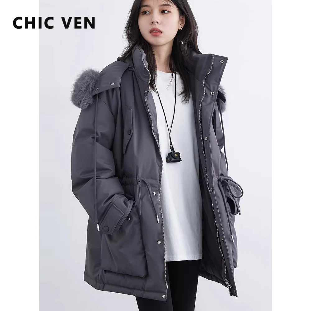 CHIC VEN Women's Down Jackets Fashion Hooded Parka Windproof Coats Lady Waist Cinched Drawstring Clothes Autumn Winter New 2026