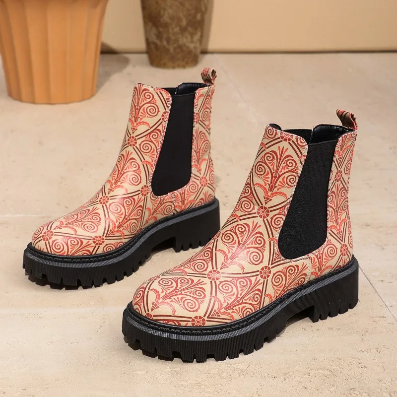 Spring and Autumn Women's Shoes Thick Heel Ankle Boots Women's Pattern Chelsea Boots Thick Sole Women's Fashion Luxury Boots