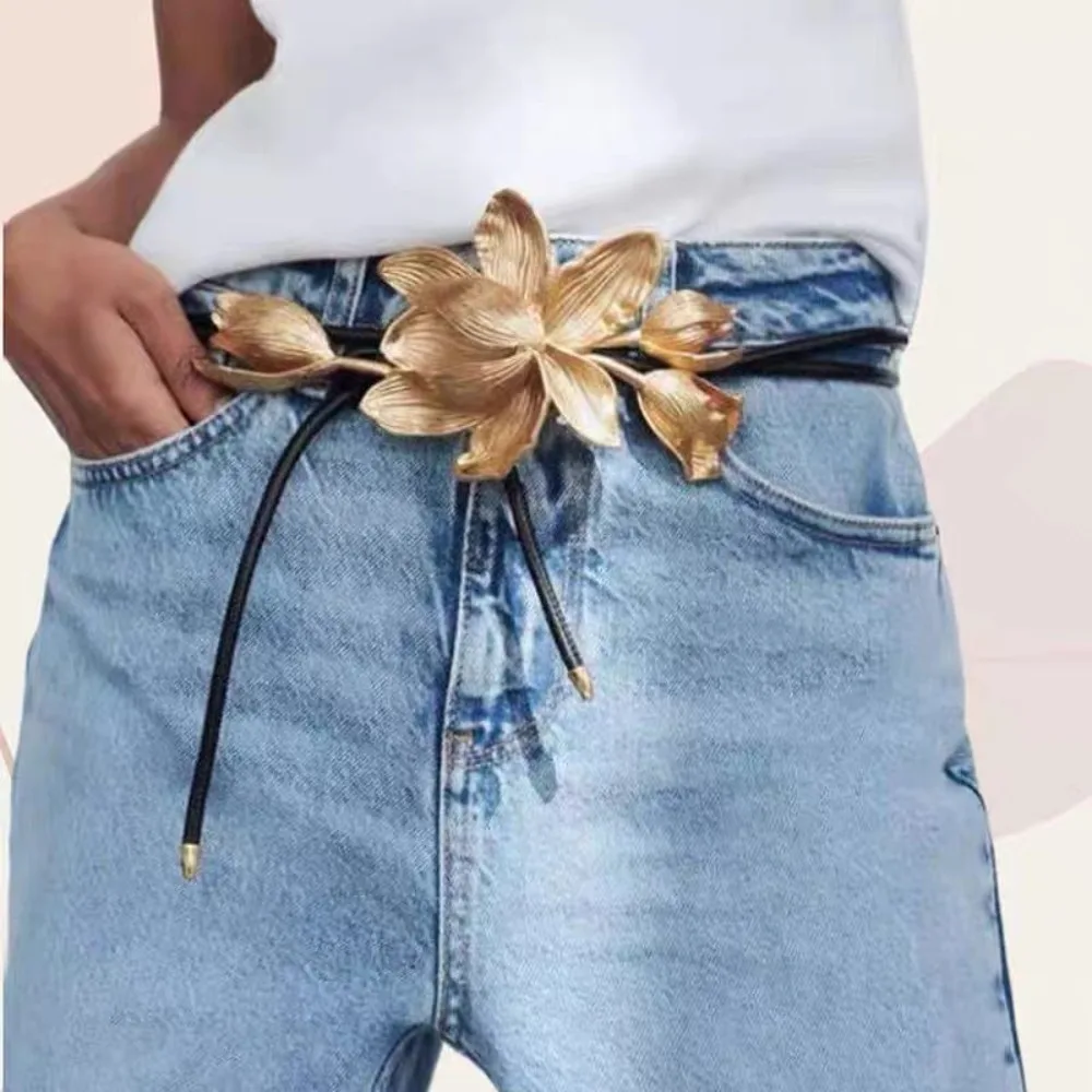 

Thin Rope Vintage Tulip Waist Chain Large No Punching Alloy Flower Belt Simple Elegant PU Leather Rope Belt Ladies Jeans