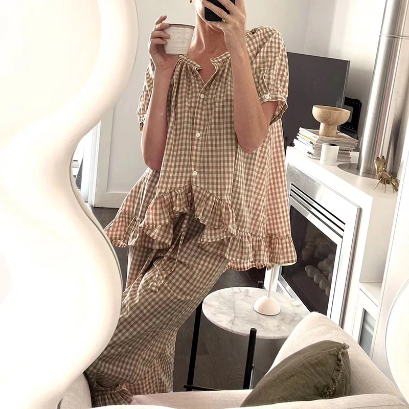 

Spring Plaid Print Homewear Women Set Sexy Low Collar Button Ruffle Shirt Top Long Pants Outfit Summer Short Sleeve Leisure Suit