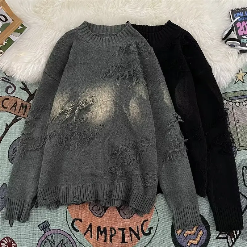 Sweater rajutan leher bulat untuk pria dan wanita, longgar dan santai, menggoyahkan tren atasan serbaguna