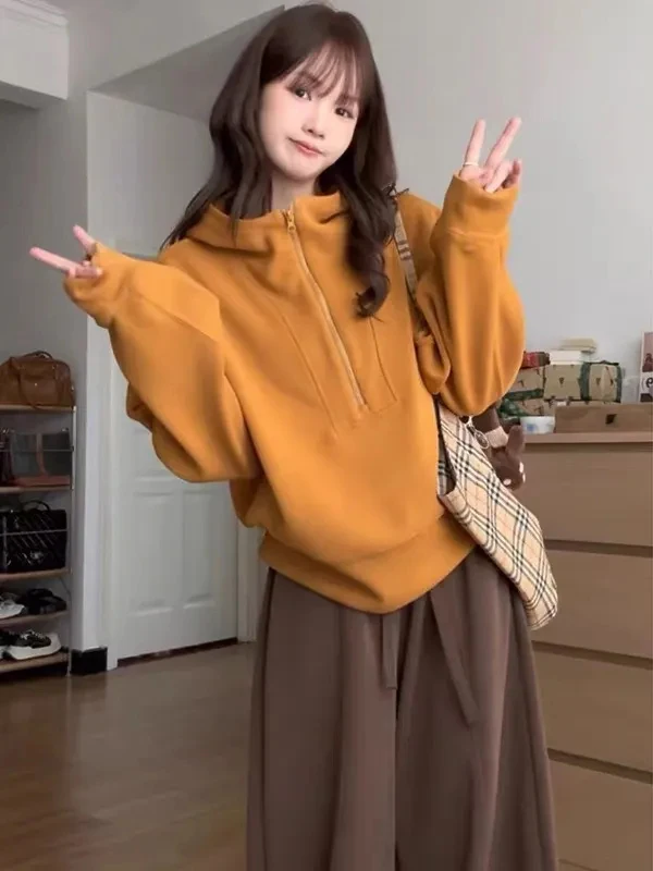 

Женская оранжевая толстовка больших размеров свободного кроя на молнии, осенне-зимняя, повседневная, универсальная, стройнящая, в корейском стиле, с длинными рукавами