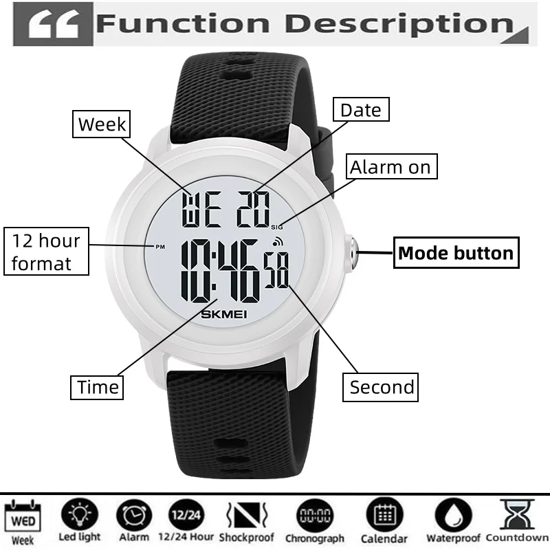 Skmei Women's Wristwatch Fashion Silicone Strap 50M Waterproof Swimming Sports Stopwatch LED Light Digital Ladies Watches