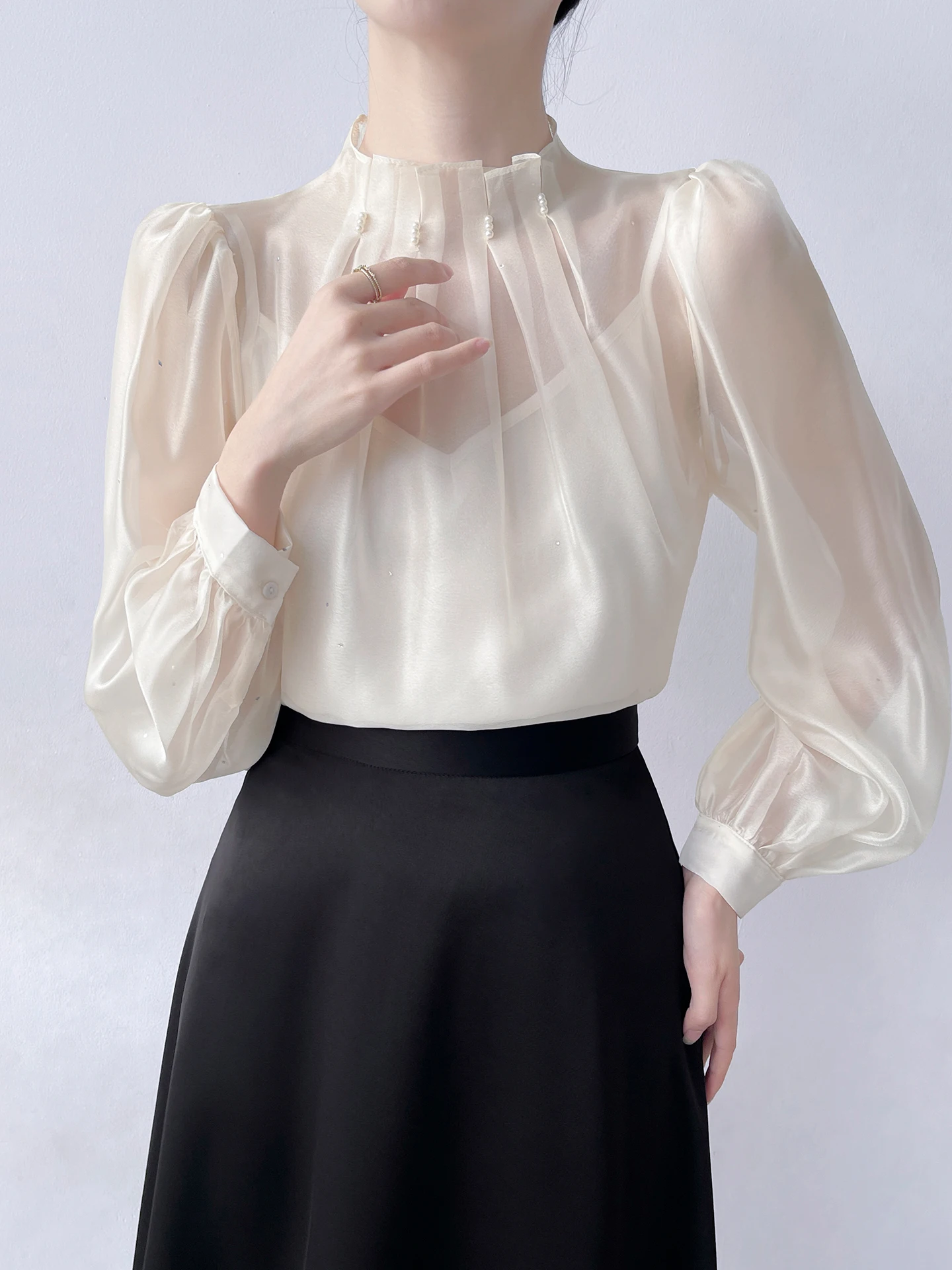 

Korean Style Beaded Pleated Stand Collar Chiffon Shirt Women Sexy See through Thin Design with Strap Two Piece Set Top