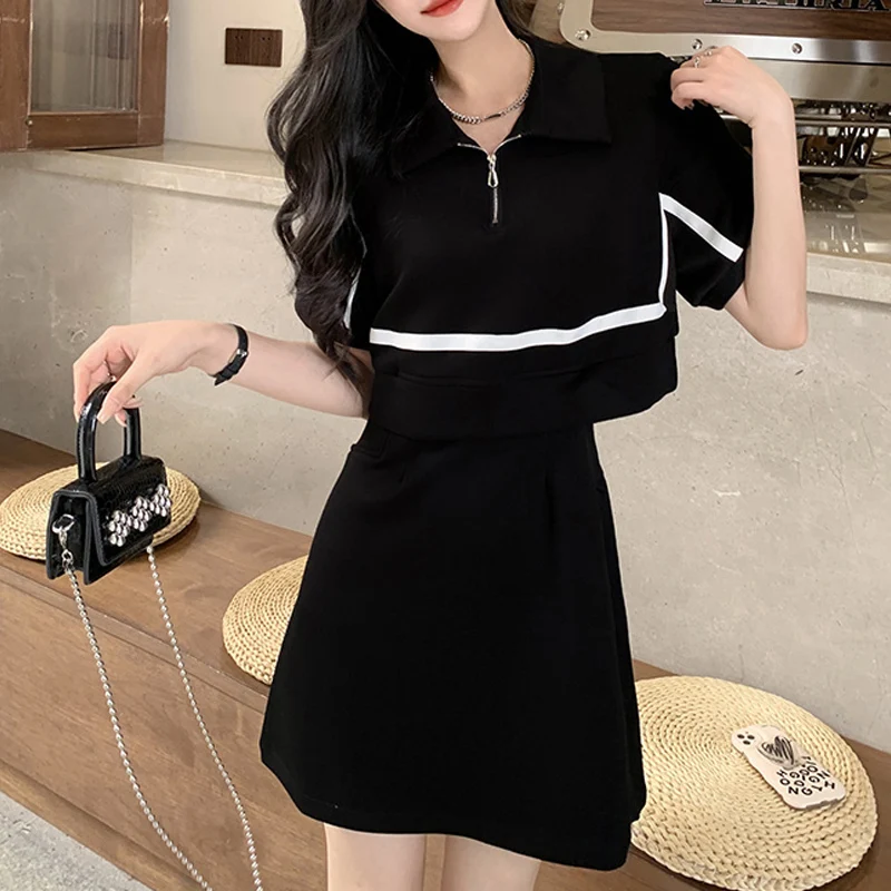 Summer Fashion Solid Color POLO Collar A-line Dresses Women Korean Zipper Fake Two Pieces Patchwork Elegant Dress Female Clothes