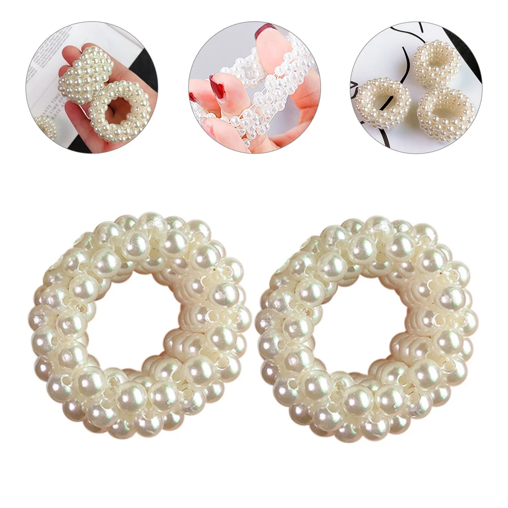 

2 Pcs Ponytail Beaded Pearl Hair Band Miss Ribbons Rope 3X3CM Headbands Beads Bracelet