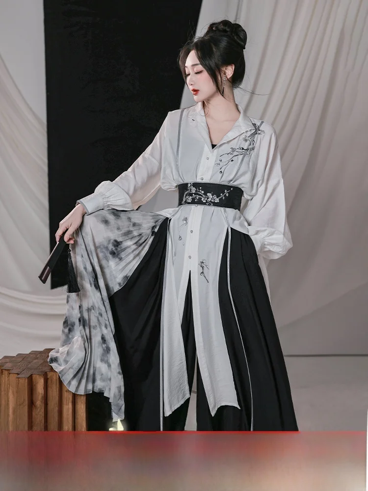 

Improve Song Pants Collar irt Hanfu Sle M Fem Bla White Cool And Faionable Spring Autumn Original Hanmei