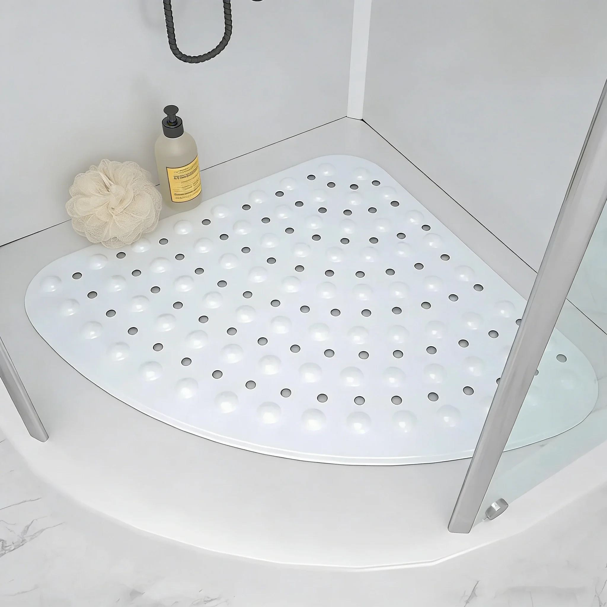 1pc Coner Non-slip Shower Mat for Bathroom with Scution Cups, 21x21inch Safe PVC Bath Mat Bathtub Rug Bathroom Decor Accessories