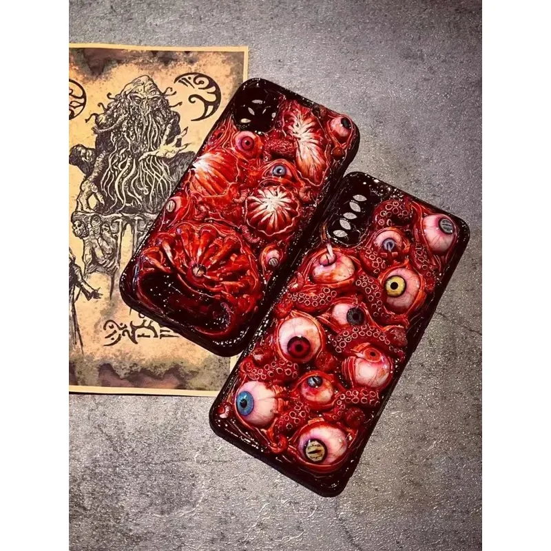 3D horror eyeball Cthulhu's Eye phone case, suitable for iPhone 17, 16, 15, 14, 12, 11, Pro Max, made of soft silicone material.