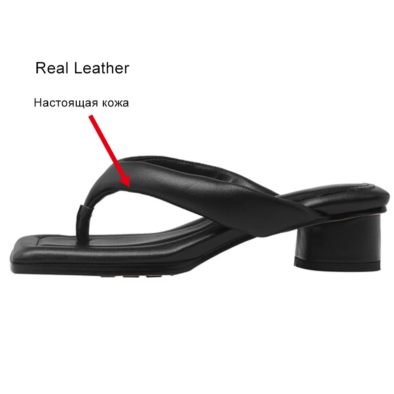 JOZHAMTA Size 33-40 Women Flip Flops Real Leather Thick Heels Summer Slides Sandals Square Toe 2025 Ins Fashion Daily Slippers