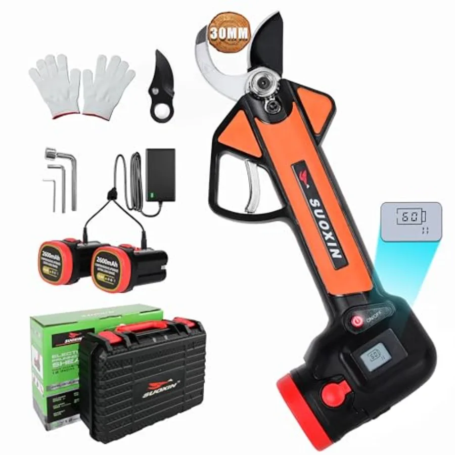 

Cordless Electric Pruning Shears with LCD Display 16.8V Brushless Motor 1.2" Adjustable Cutting Diameter 2×2600mAh Rechargeable