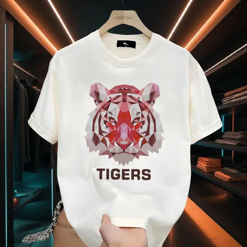 European and American Pure Cotton Pink Tiger Head Printed Short-sleeved T-shirt Men's Casual Versatile Crew Neck Explosive Top