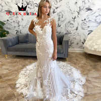 Sexy Backless Mermaid Wedding Dresses Sleeveless Appliques Lace Tulle Floor-Length Bridal Gowns Vestidos De Novia Custom HF16