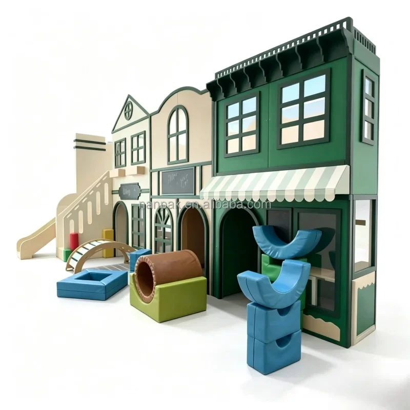 Sage Beige Wooden Kids Role Play Town With Slide ,Indoor Role-Play Playground Structure for Daycare Mall Preschool Play Cafe