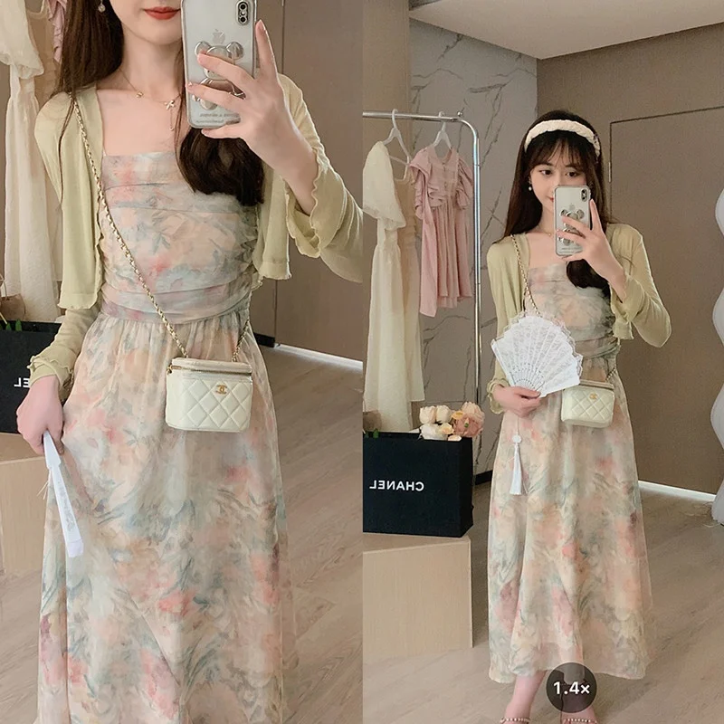 

Anli Romantic Oily Dyed Pleated Floral ter Top Sunscreen Cardigan Gentle Two-Piece Set New Sle Women's Faion Ensemble