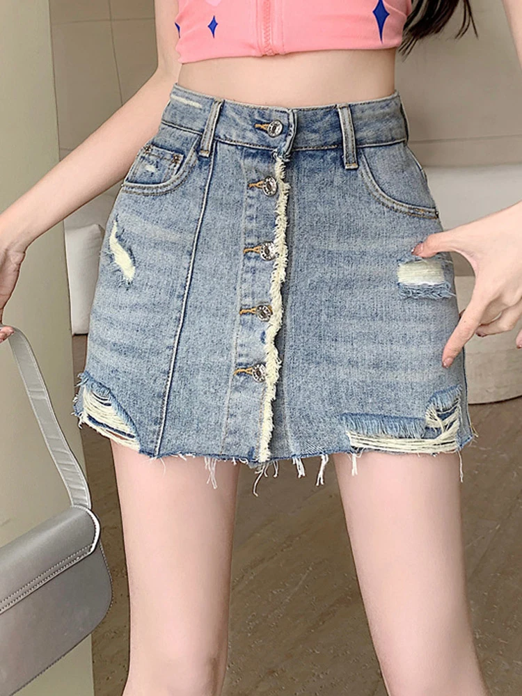 Retro Blue Fashion Knoop Gescheurde Denim Rok Nieuwe Dameskleding Casual Veelzijdige Korte Rokjes Rij Knoop Lente Zomer Minirok