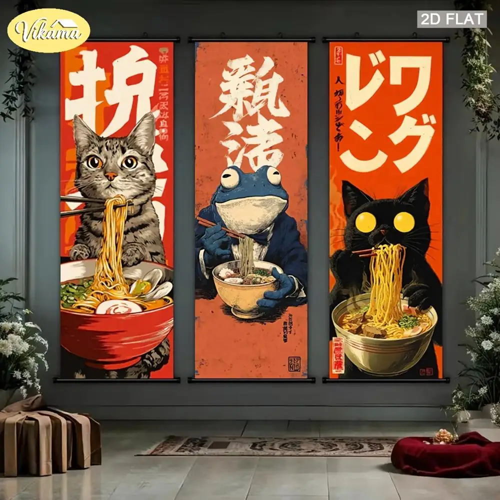 Japanese Ramen Cat-Frog Scroll Tapestry, Narrow-Width Cartoon Noodle Scroll Wall Hanging, Kitchen and Home Decor