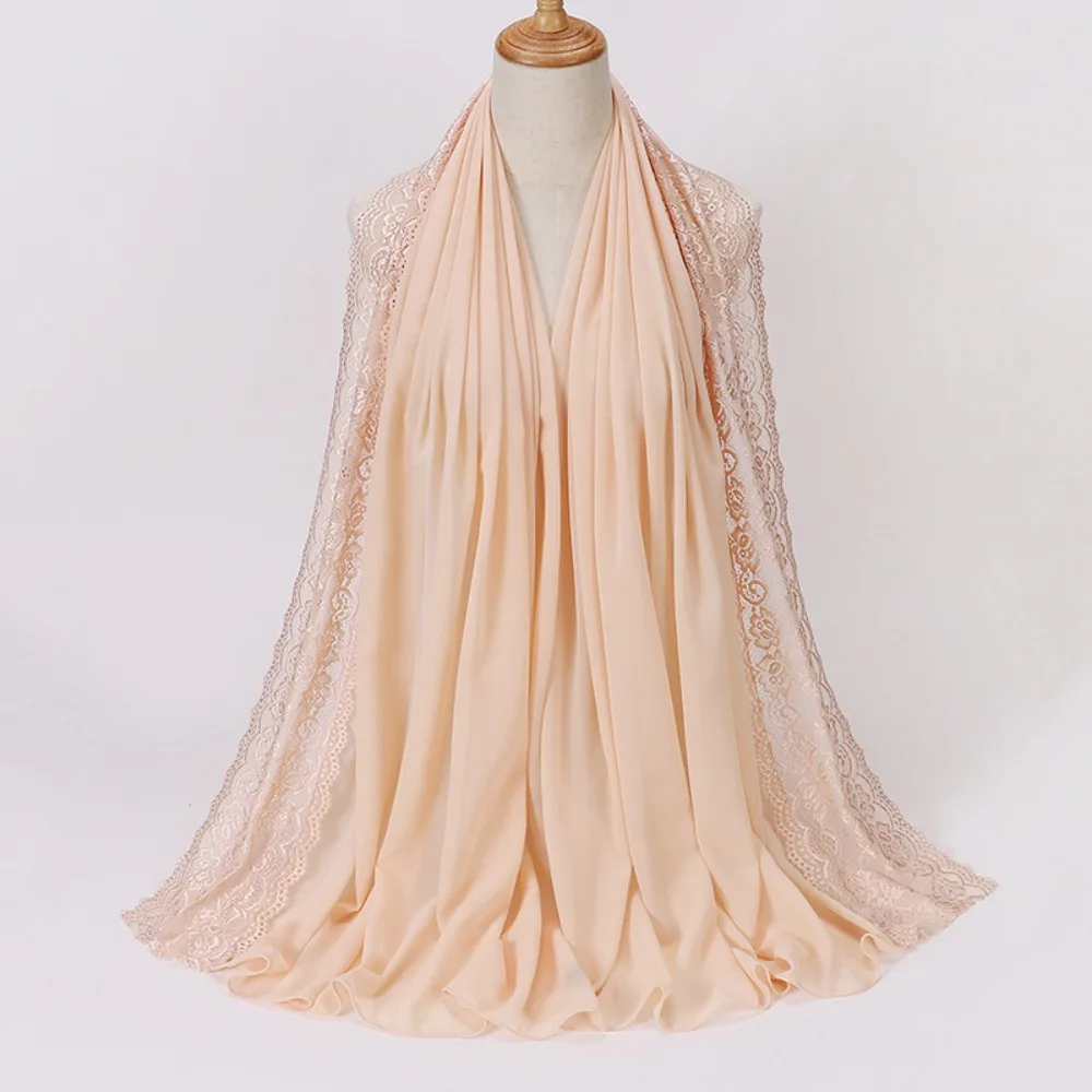 

Versatile Elegant Silk Scarf Solid Color Lace Edge Chiffon Hijab Veil Breathable Soft Sunscreen Shawl Women Headwear