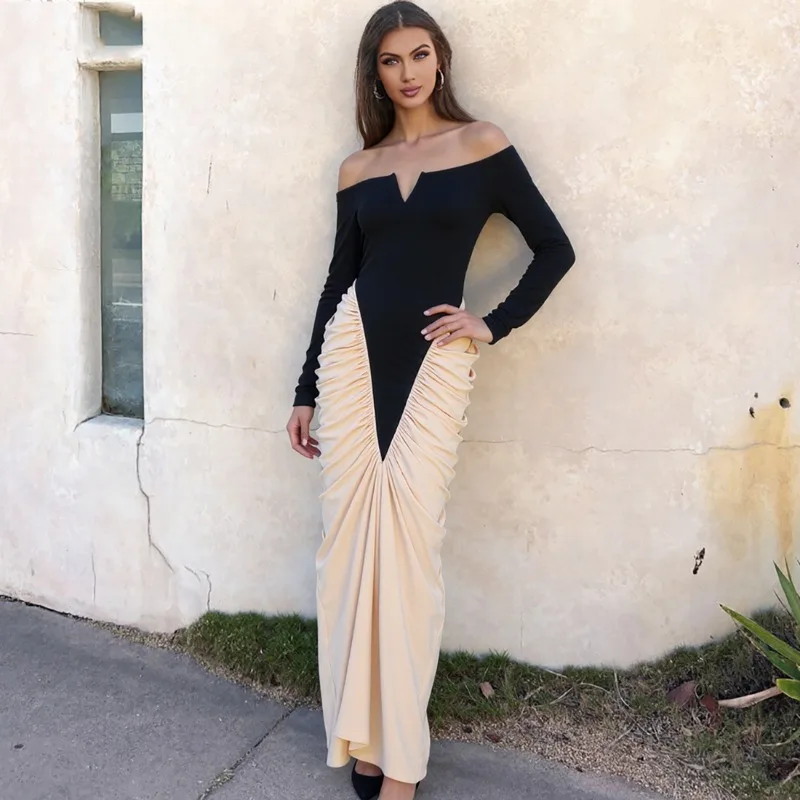 

Talenza Elegant Backless Pleated Dress Women Luxurious Sexy Off-Shoulder Patchwork Dress High-Waisted Female Party Evening Dress