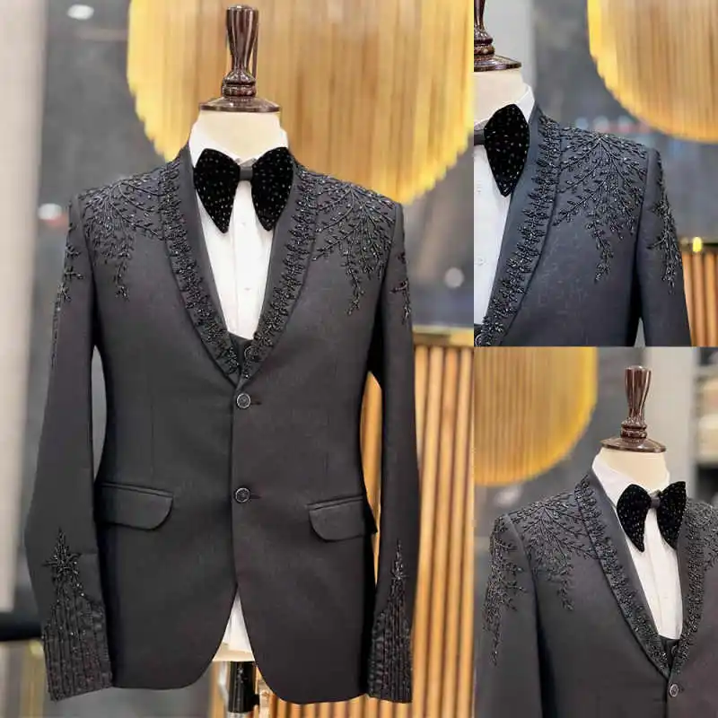 

Luxury Rhinestone Beads Wedding Groom Tuxedos Shawl Lapel Men Suits 1 Pcs Jacket Business Evening Party Special Occasion
