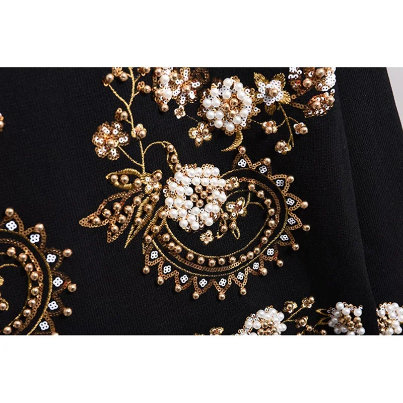 Spring Fashion Beading Embroidery Knitted Tracksuit Set Women Loose Black Gray Knit Pullover Sweater Pencil Pants Outfits Female